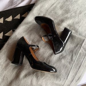 Black patent leather heeled Mary Janes